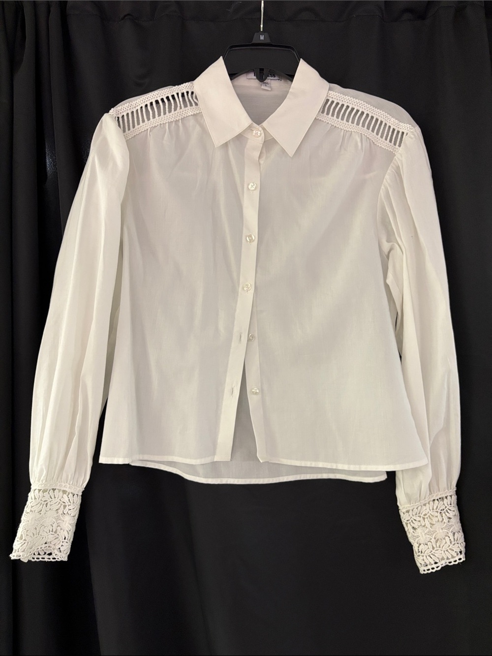 Express White Button-Down Blouse with Crochet Yoke and Lace Cuffs